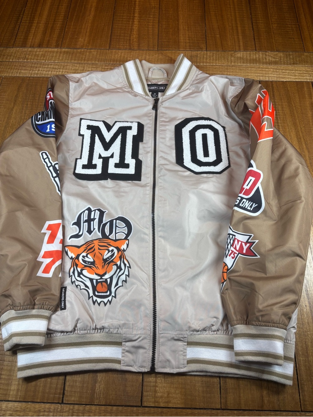 Members only Varsity Tiger Patch Bomber Jacket in Beige and Brown size medium